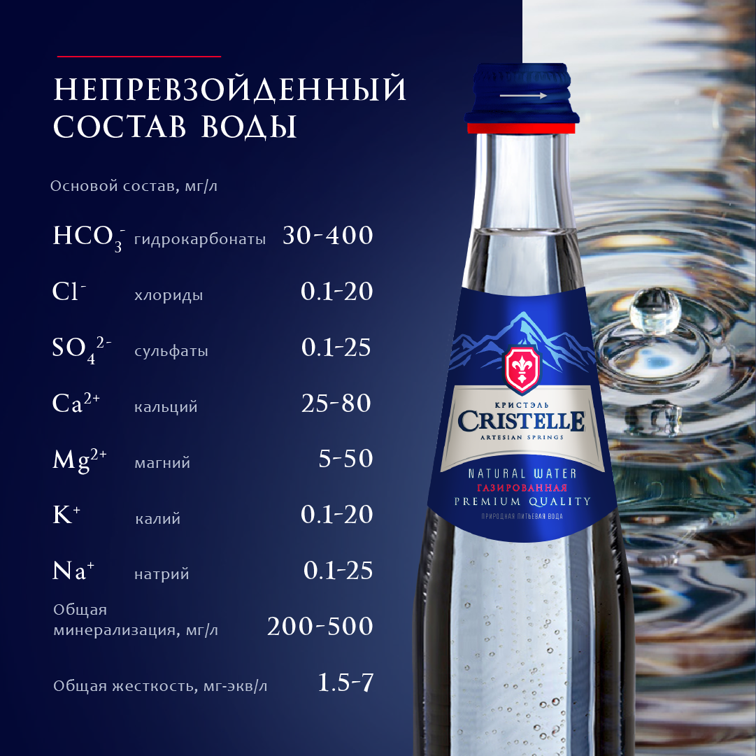 Вода питьевая природная СRISTELLE 0,33 л, газ, стекло, премиум