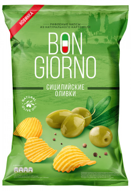 Чипсы из натурального картофеля BON GIORNO рифленые, вкус сицилийские оливки, 90 г 